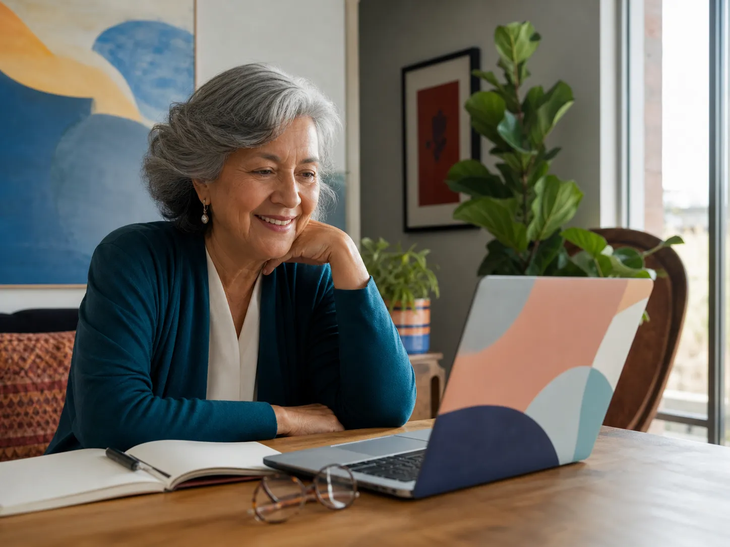 Mujer mayor disfrutando una actividad cultural desde su computador